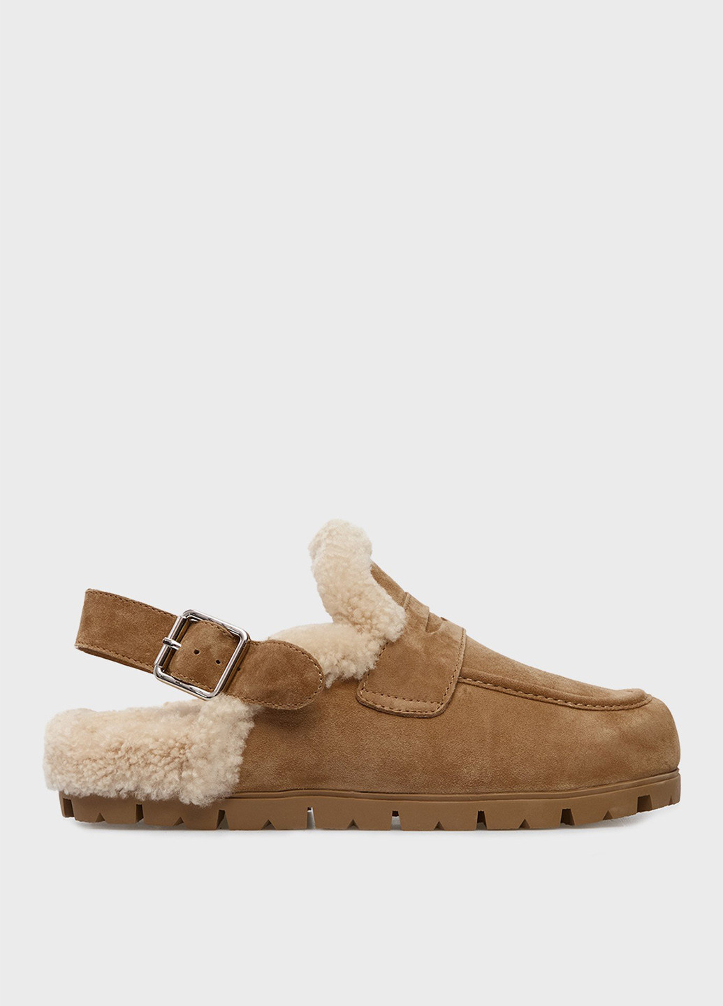 Коричневые сабо PRPY без каблука с мехом, с пряжкой