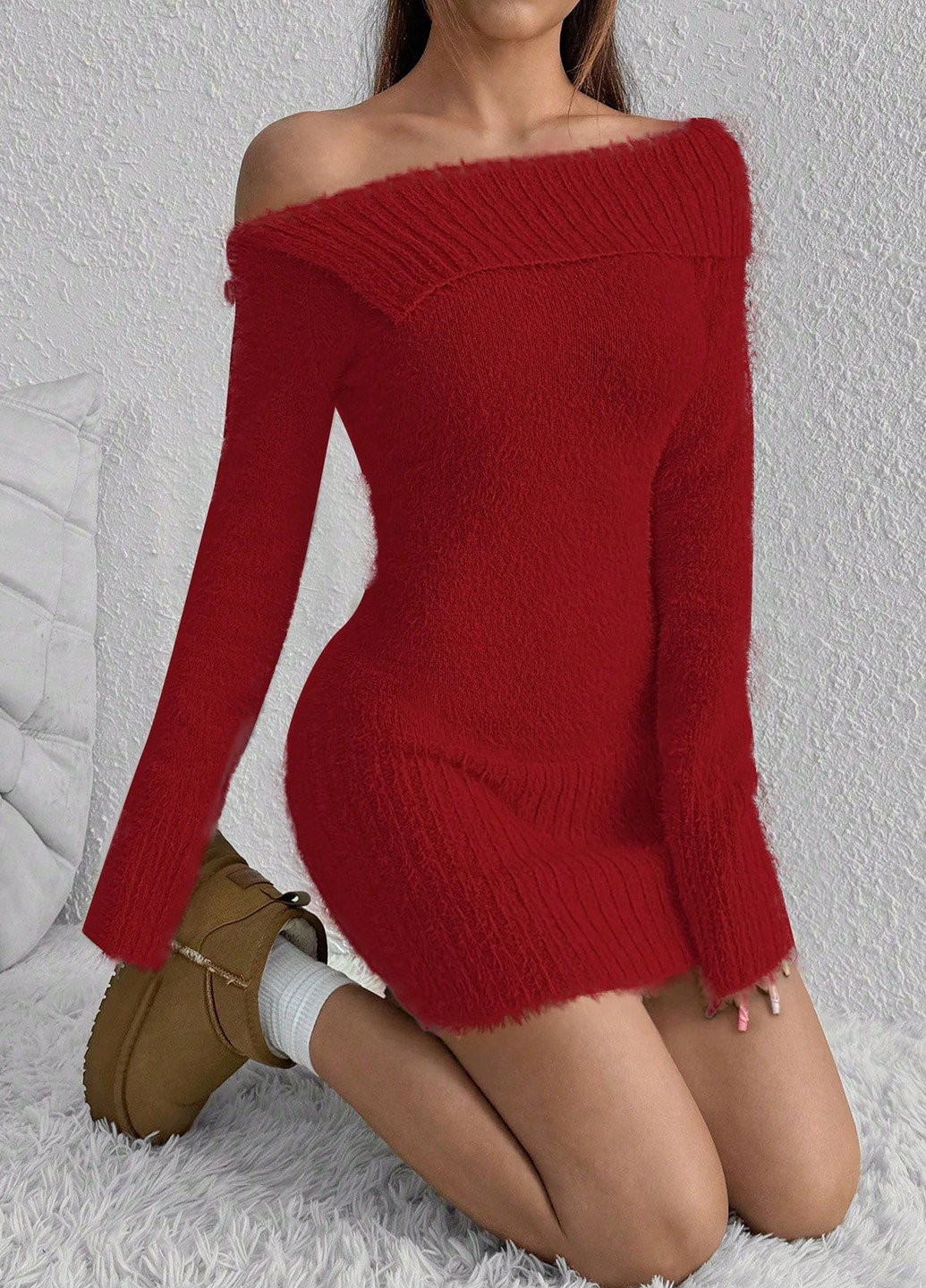 Червона кежуал сукня сукня светр, силуетна, на одне плече SHEIN однотонна