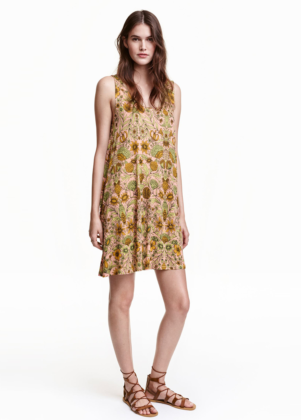 Персиковое кэжуал платье а-силуэт H&M с цветочным принтом
