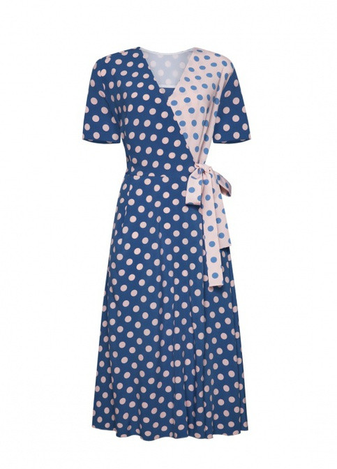 Синее кэжуал платье на запах LKcostume в горошек
