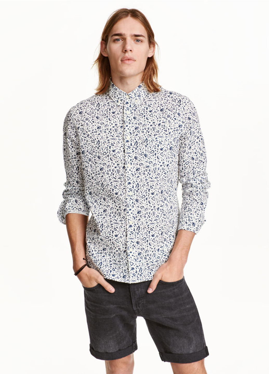 Белая кэжуал рубашка с абстрактным узором H&M с длинным рукавом