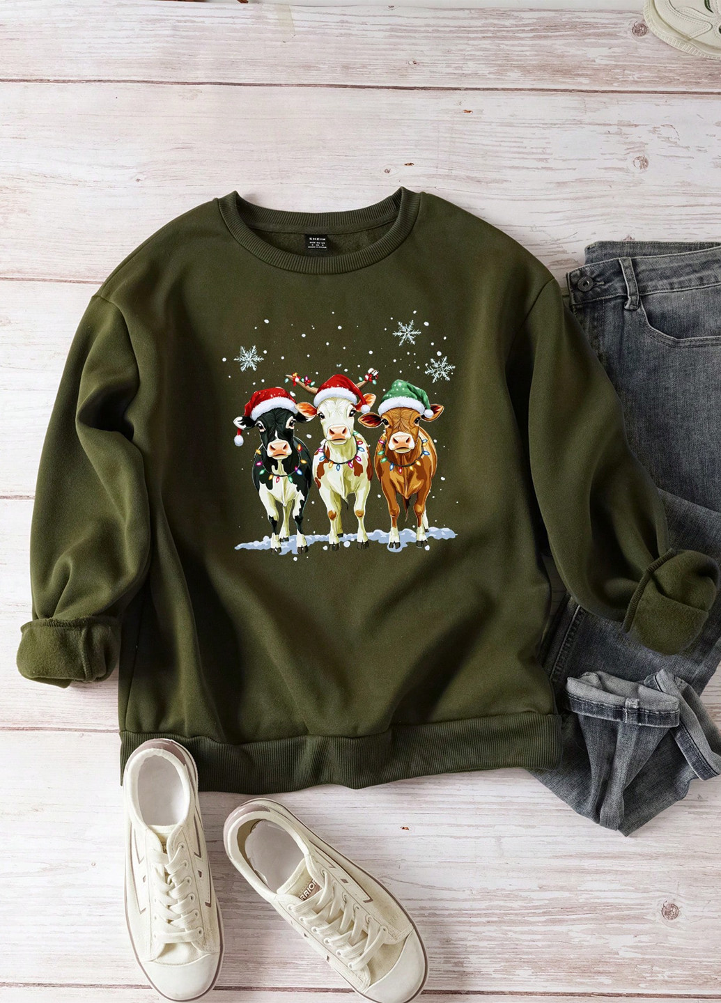 Хаки свитшот SHEIN новогодний без декора (353322745)