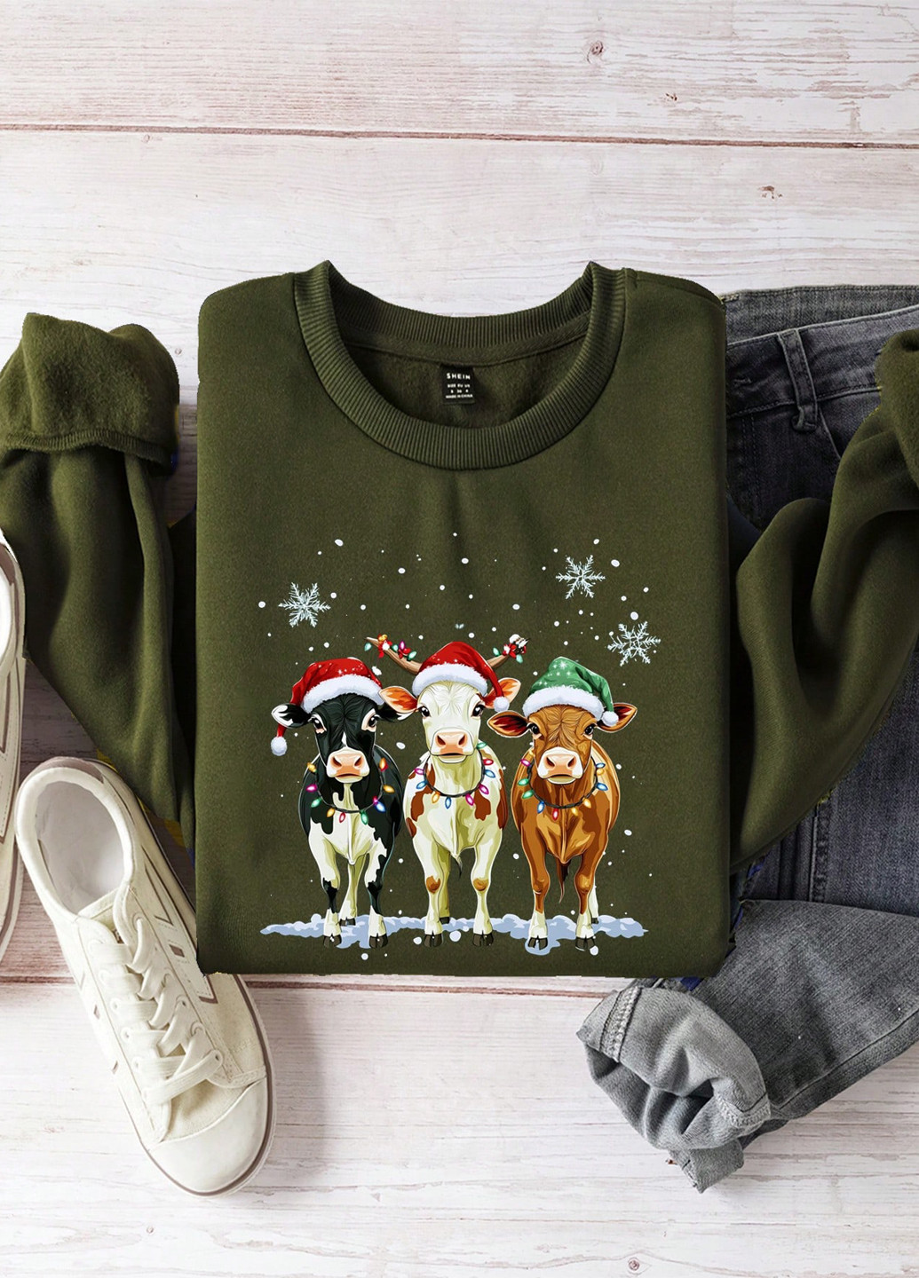 Хаки свитшот SHEIN новогодний без декора (353322745)