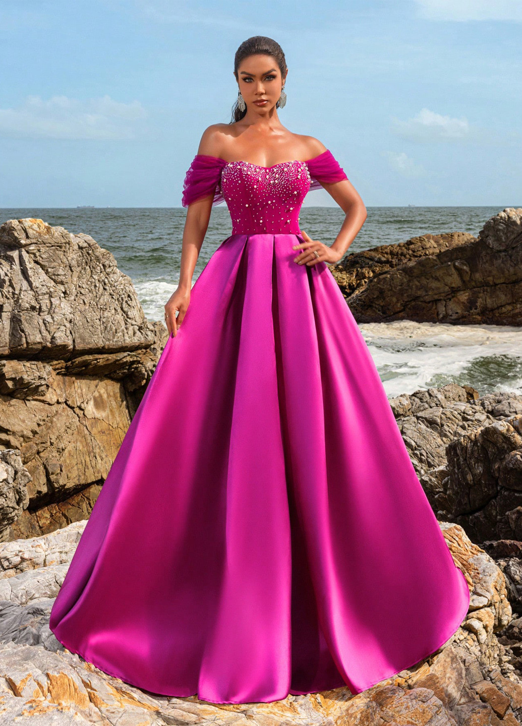 Фуксиновое (цвета Фуксия) вечернее платье колокол, с открытыми плечами SHEIN однотонное