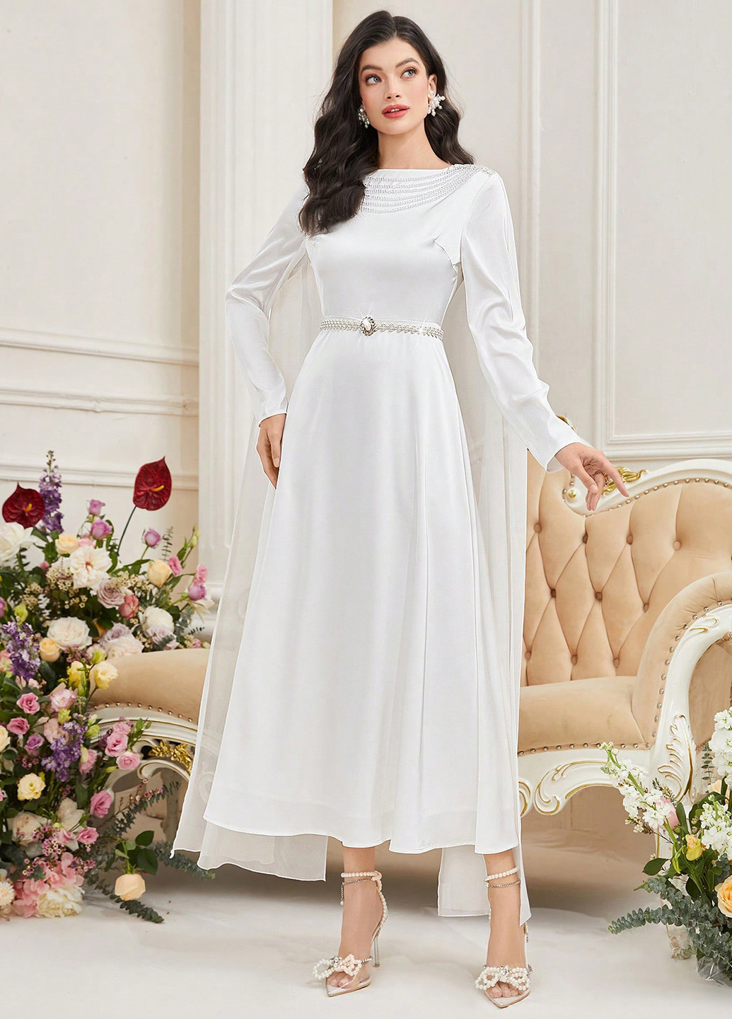 Білий святковий, вечірня сукня сукня-кейп, а-силует SHEIN однотонна