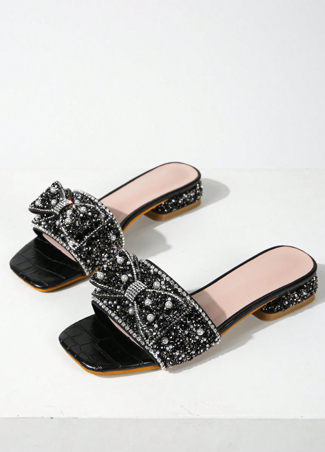 Черные сандалии SHEIN с бантом, со стразами, с бусинами