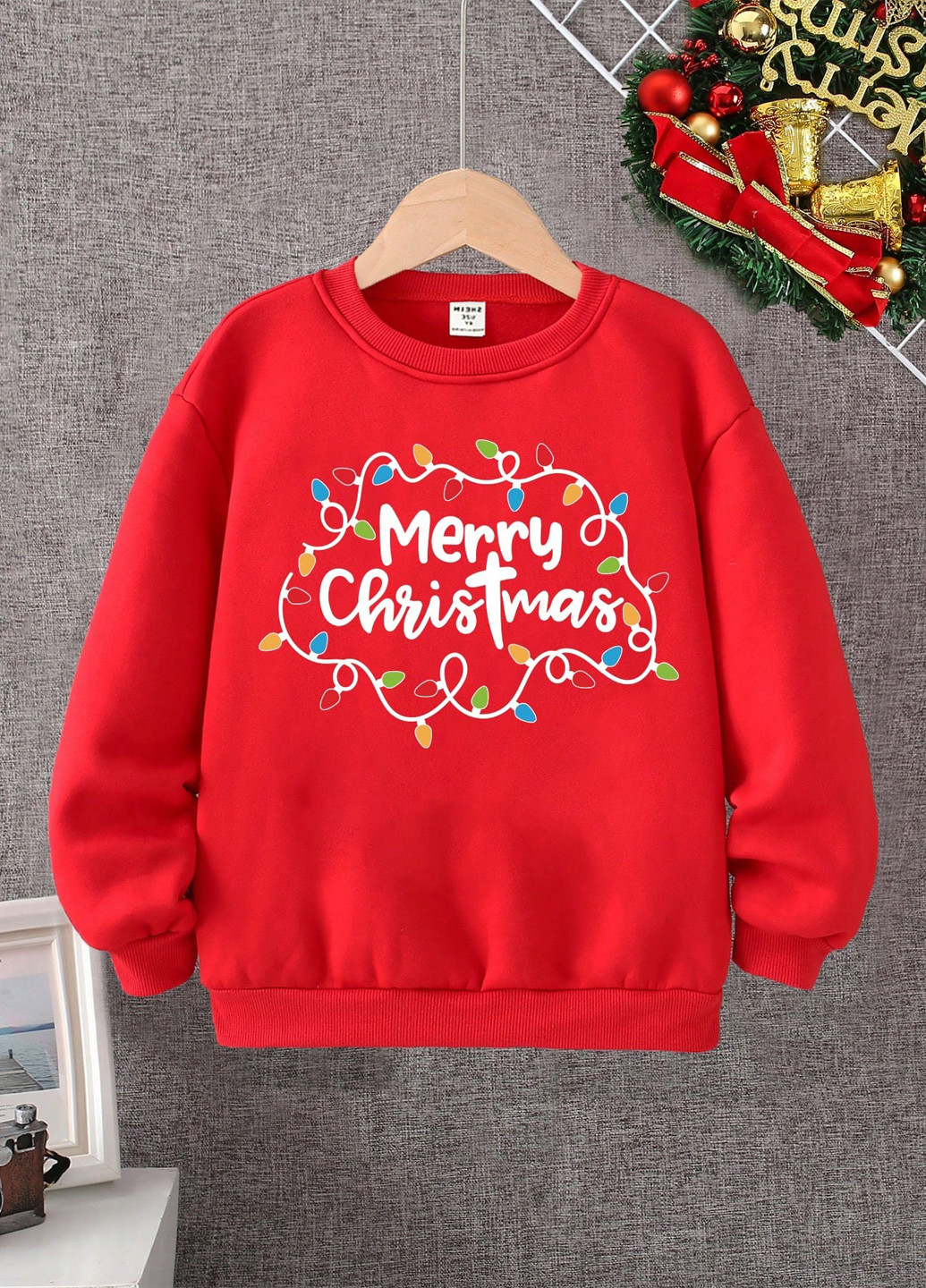 SHEIN свитшот новогодний красный кэжуал полиэстер, трикотаж с начесом