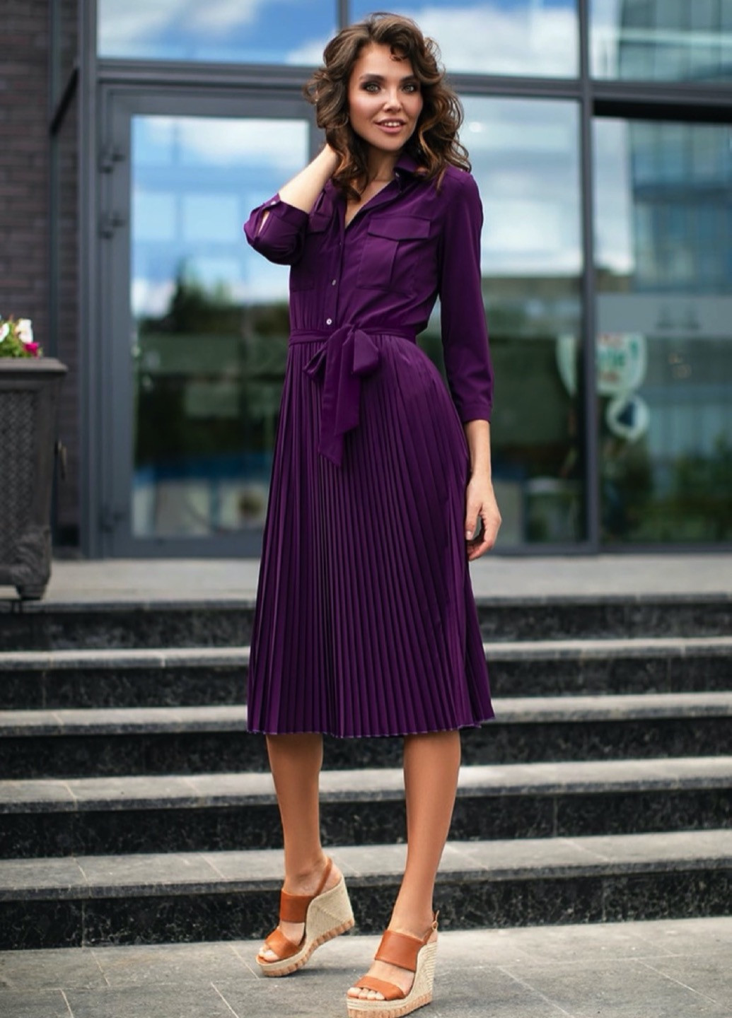 Сиреневое кэжуал платье из плиссированного шифона темно-лилового цвета SL.IRA