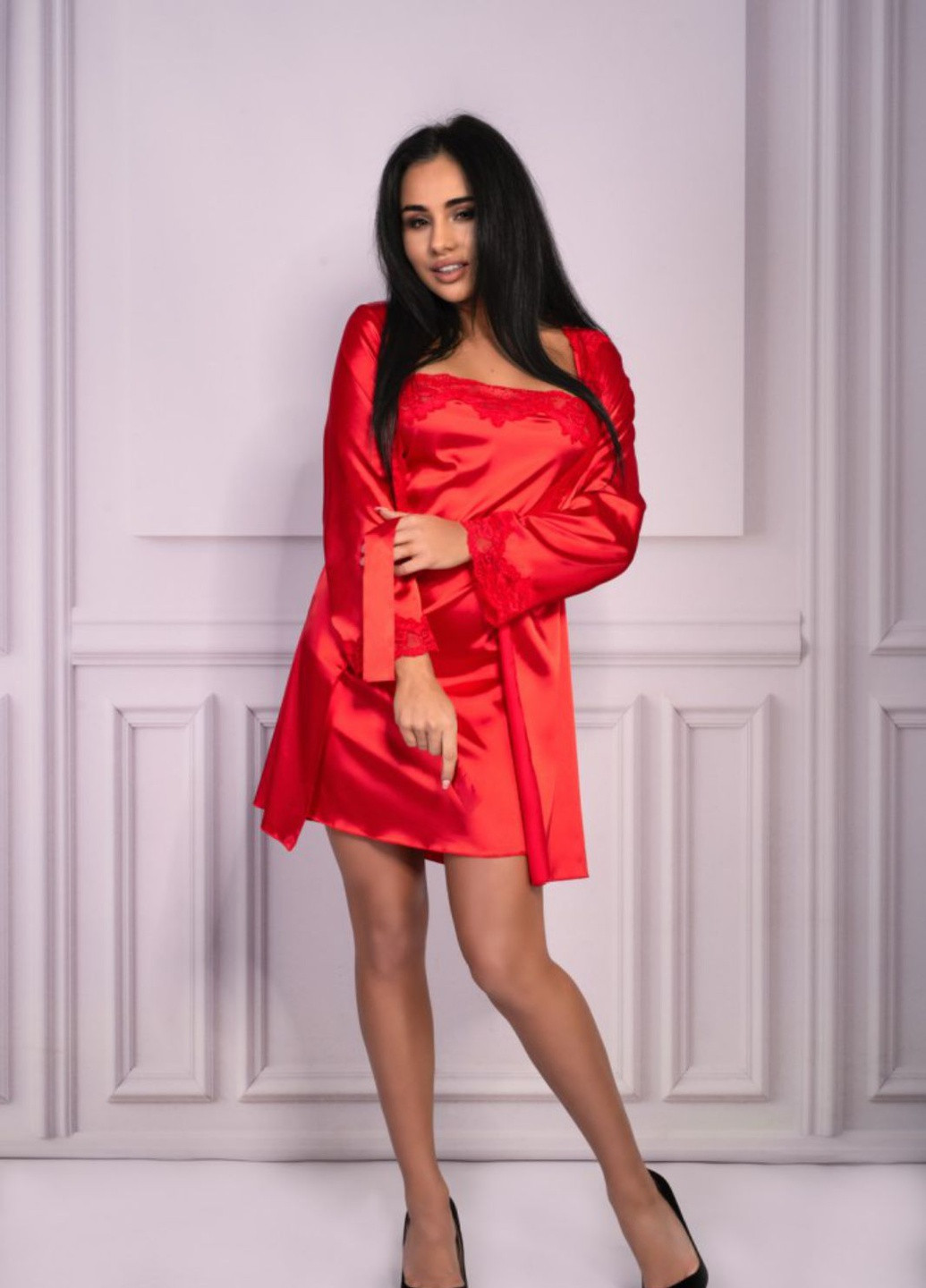 Красный демисезонный комплект белья (пеньюар, сорочка, стринги) Livia Corsetti