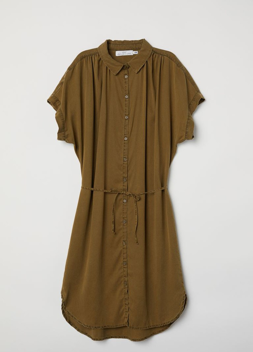 Оливковое (хаки) кэжуал платье-рубашка H&M однотонное