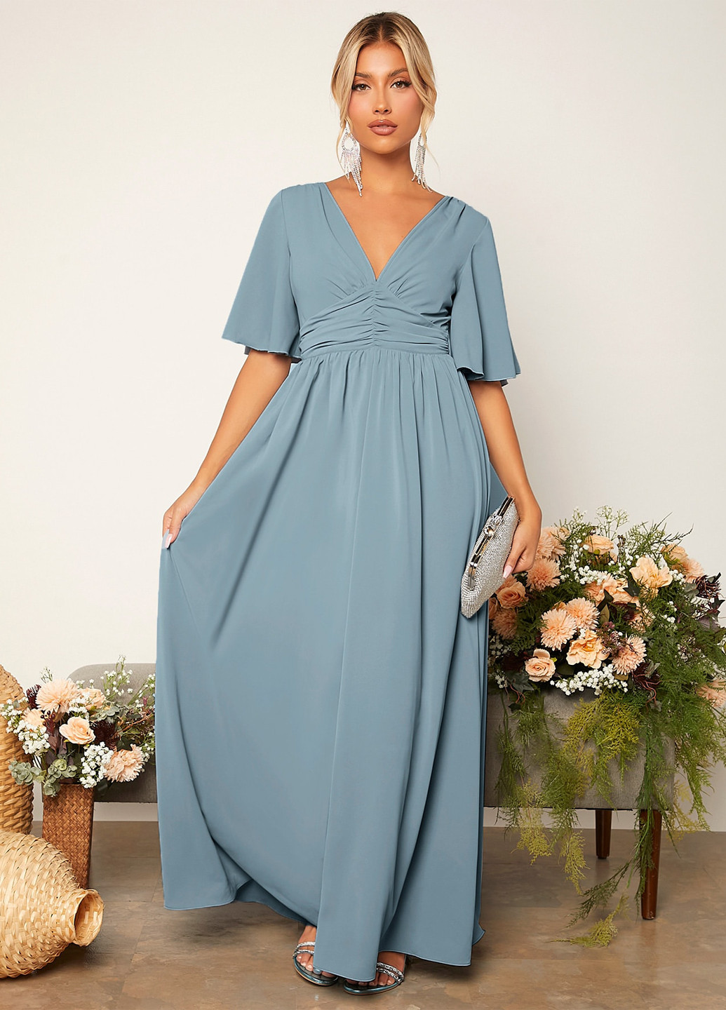 Серо-голубое праздничный, вечернее платье в стиле ампир SHEIN однотонное