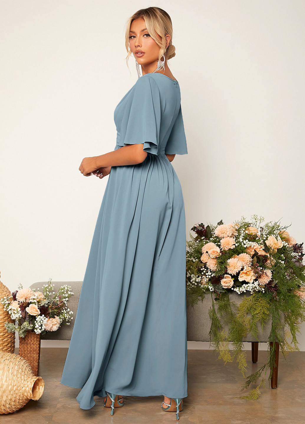 Серо-голубое праздничный, вечернее платье в стиле ампир SHEIN однотонное