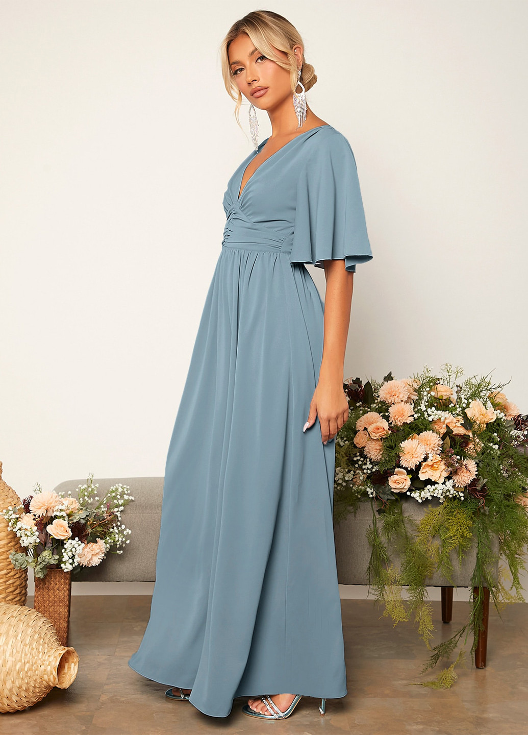 Серо-голубое праздничный, вечернее платье в стиле ампир SHEIN однотонное