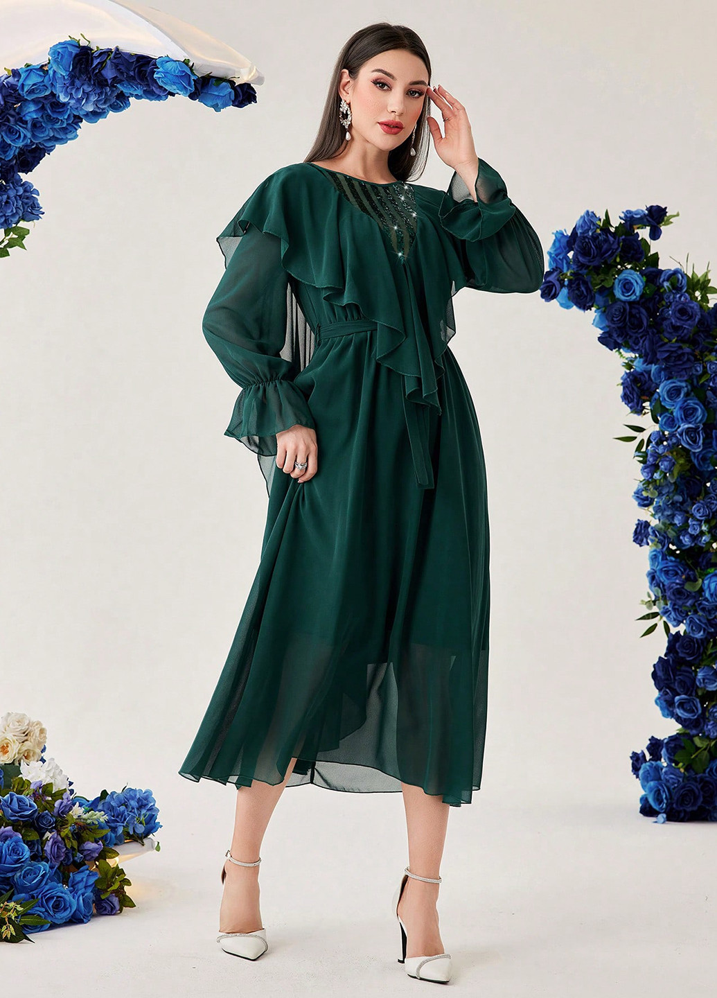 Темно-зелена вечірня сукня кльош, сукня-кейп SHEIN однотонна