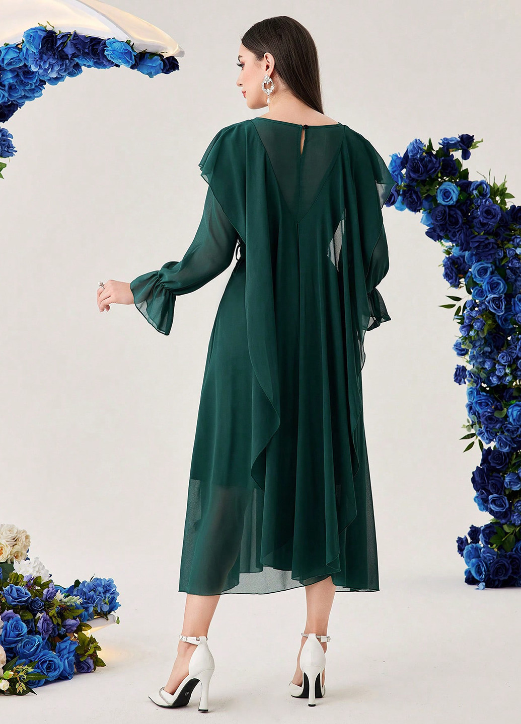 Темно-зелена вечірня сукня кльош, сукня-кейп SHEIN однотонна