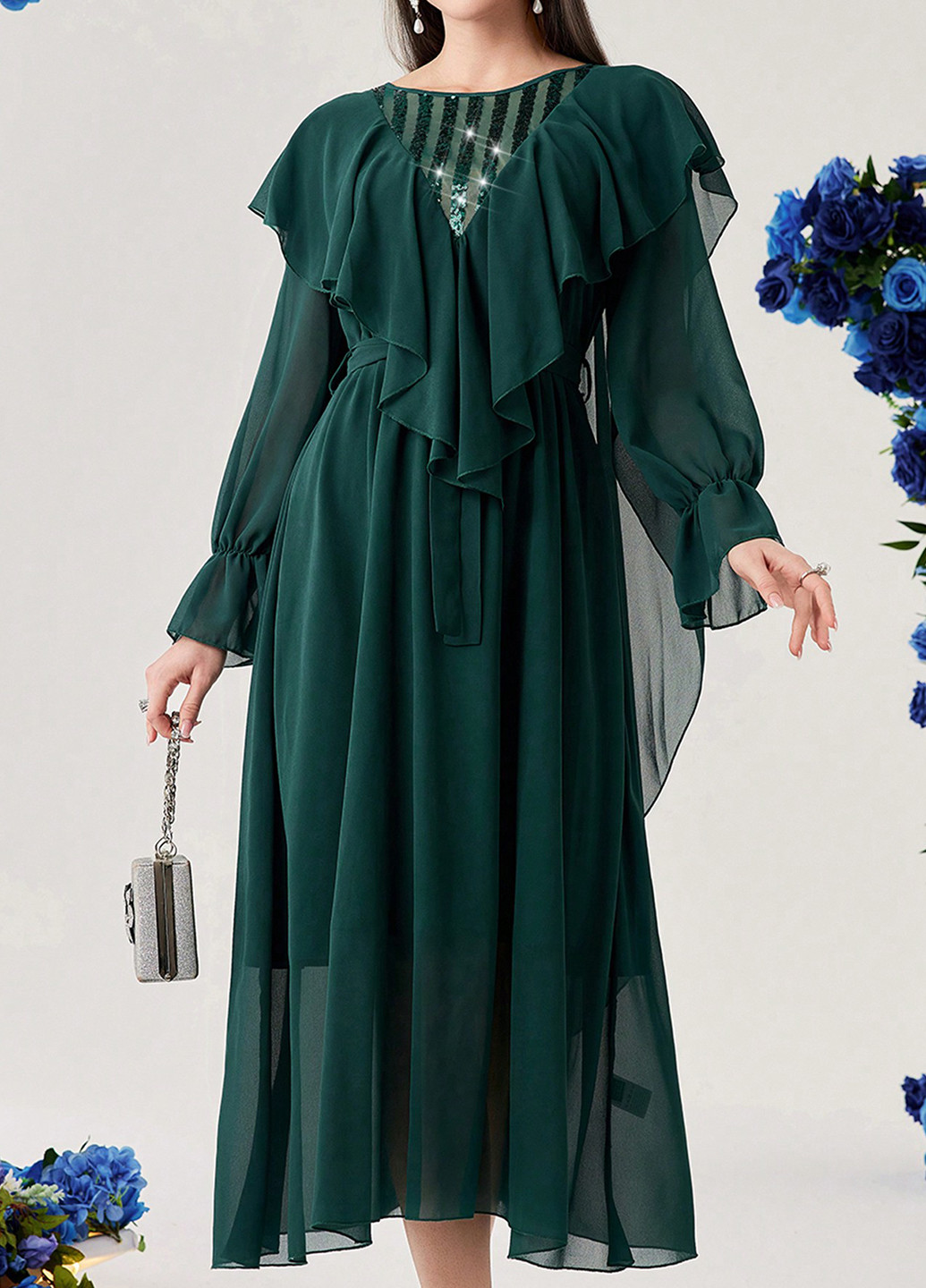 Темно-зелена вечірня сукня кльош, сукня-кейп SHEIN однотонна