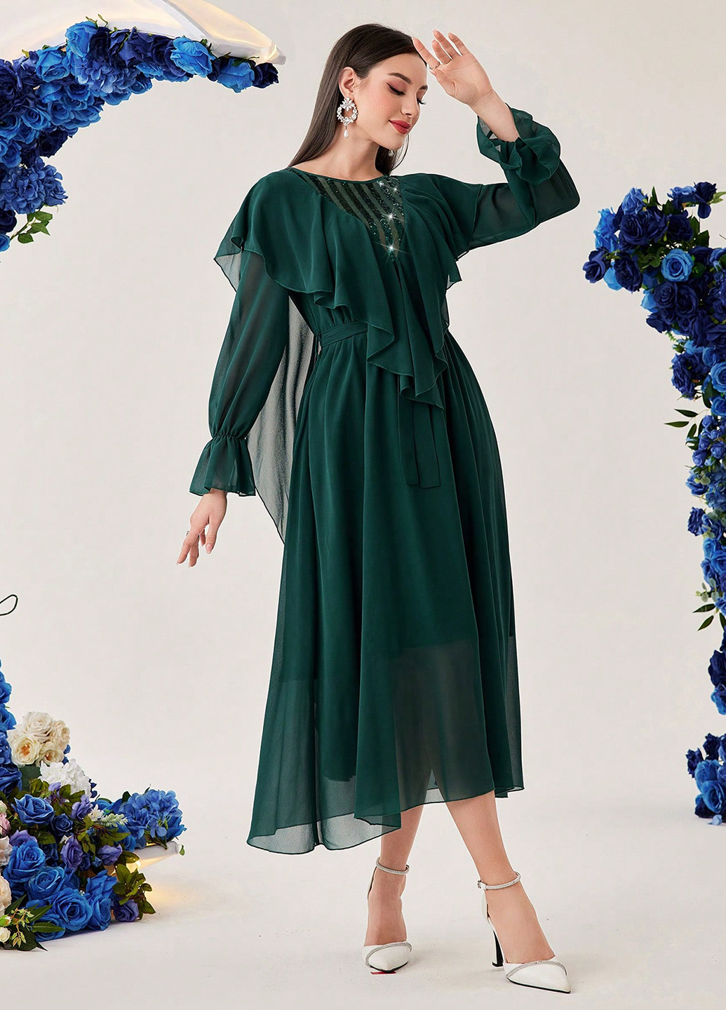 Темно-зелена вечірня сукня кльош, сукня-кейп SHEIN однотонна