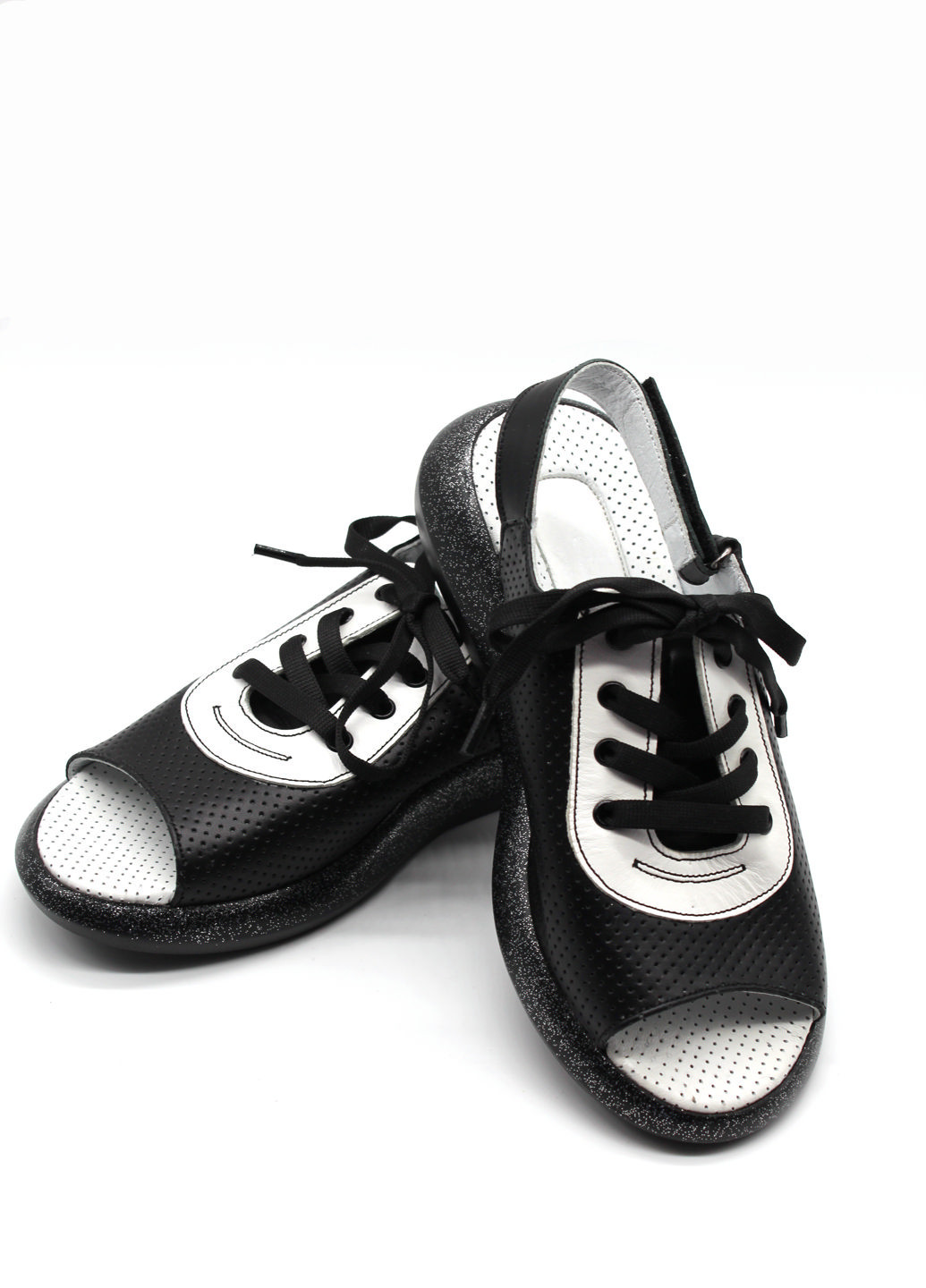 Черно-белые босоножки Rifellini на липучке с глиттером, со шнуровкой, с тиснением, с перфорацией