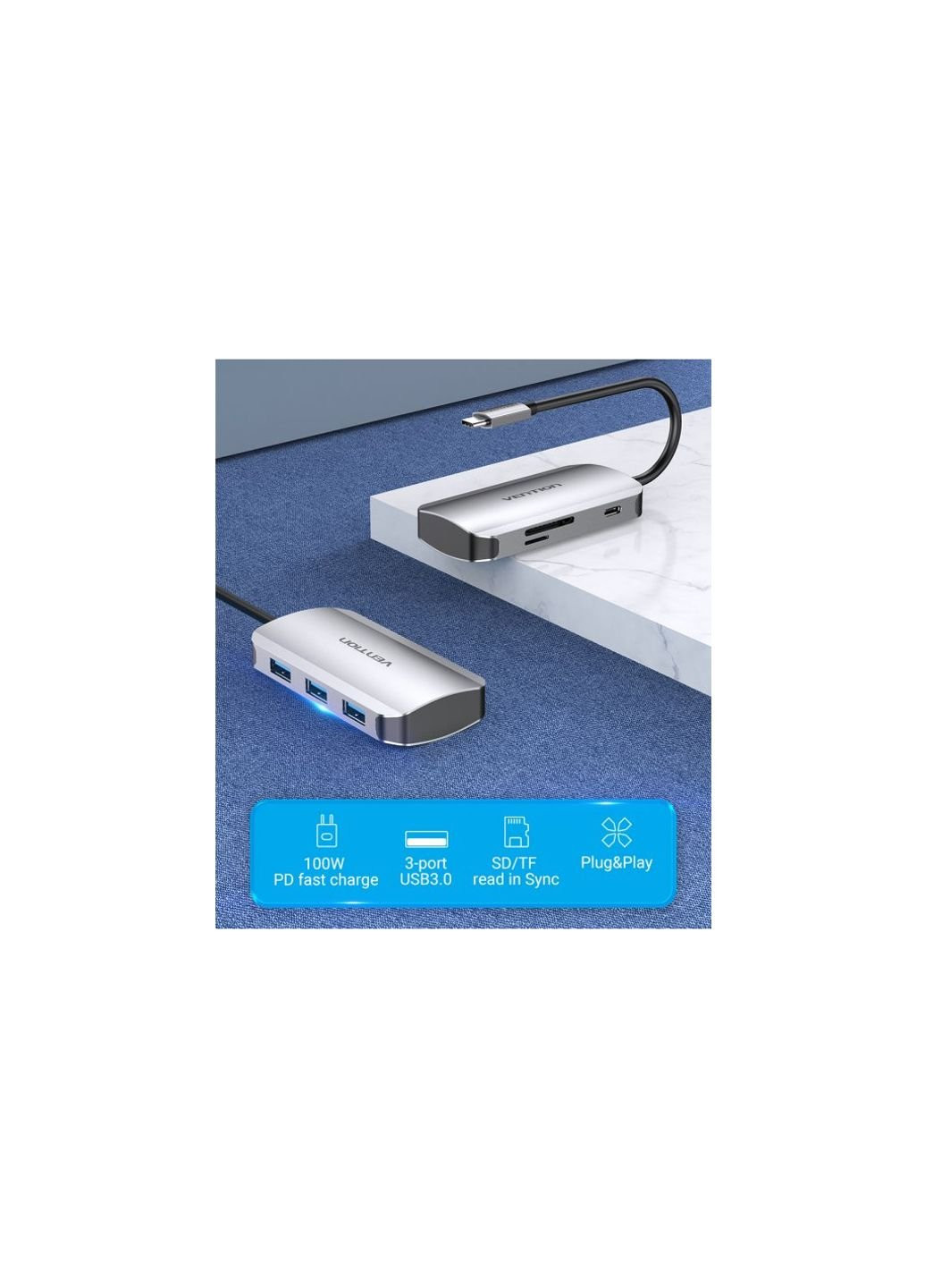 Концентратор USB3.1 Type-C --> USB 3.0x3/SD/TF/PD 100W Hub 6-in-1 (TNHHB) Vention (250125083)