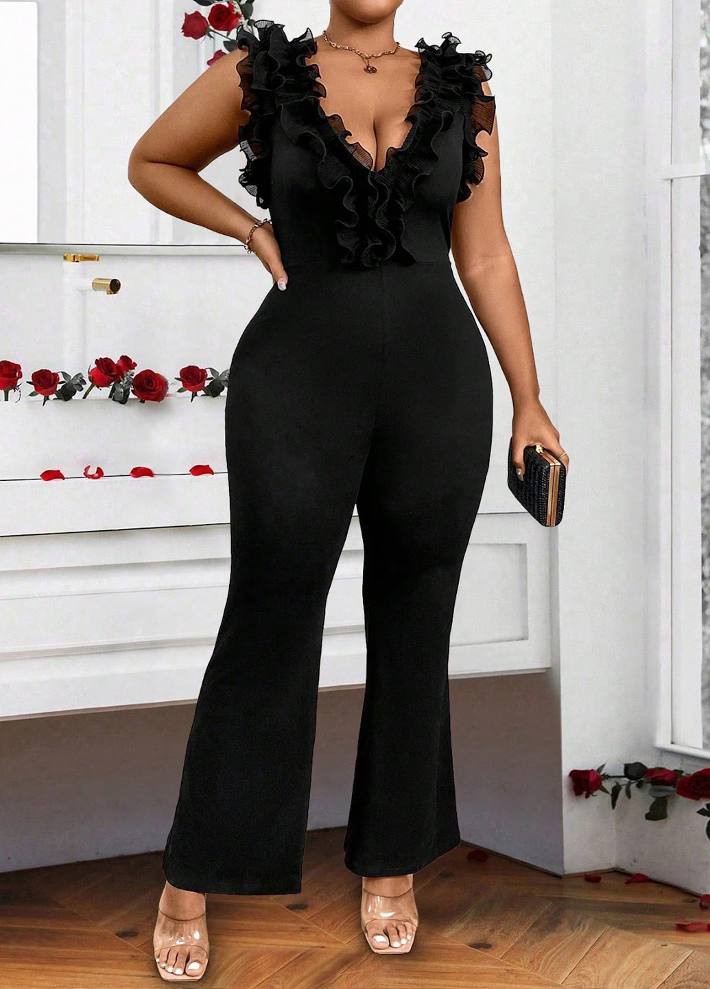 Комбинезон SHEIN комбинезон-брюки однотонный чёрный вечерний, праздничный полиэстер, трикотаж