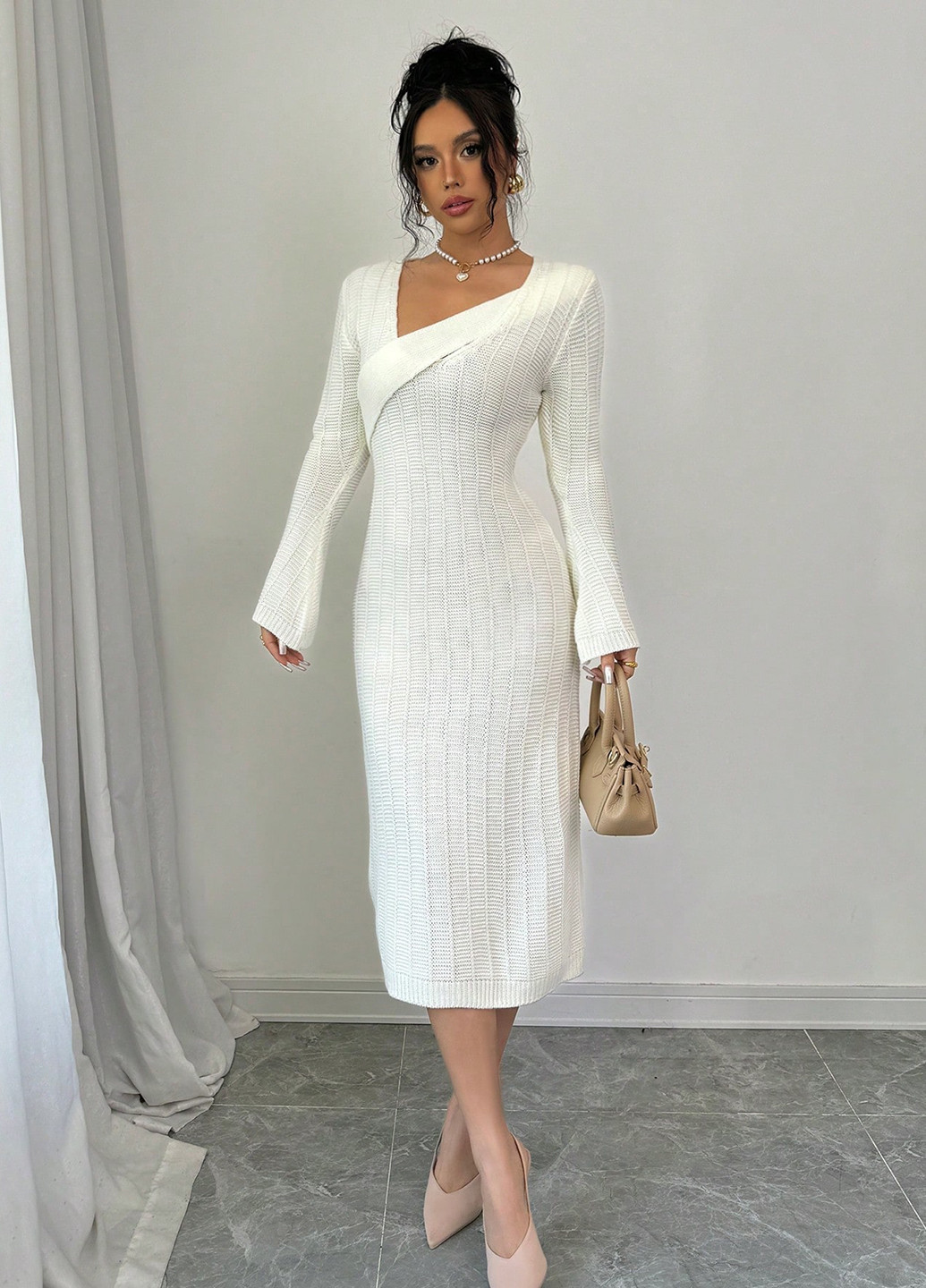 Кремовое кэжуал платье SHEIN однотонное