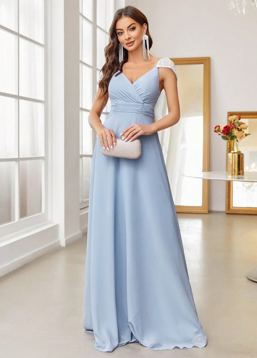 Светло-голубое вечернее, праздничный платье в стиле ампир SHEIN однотонное