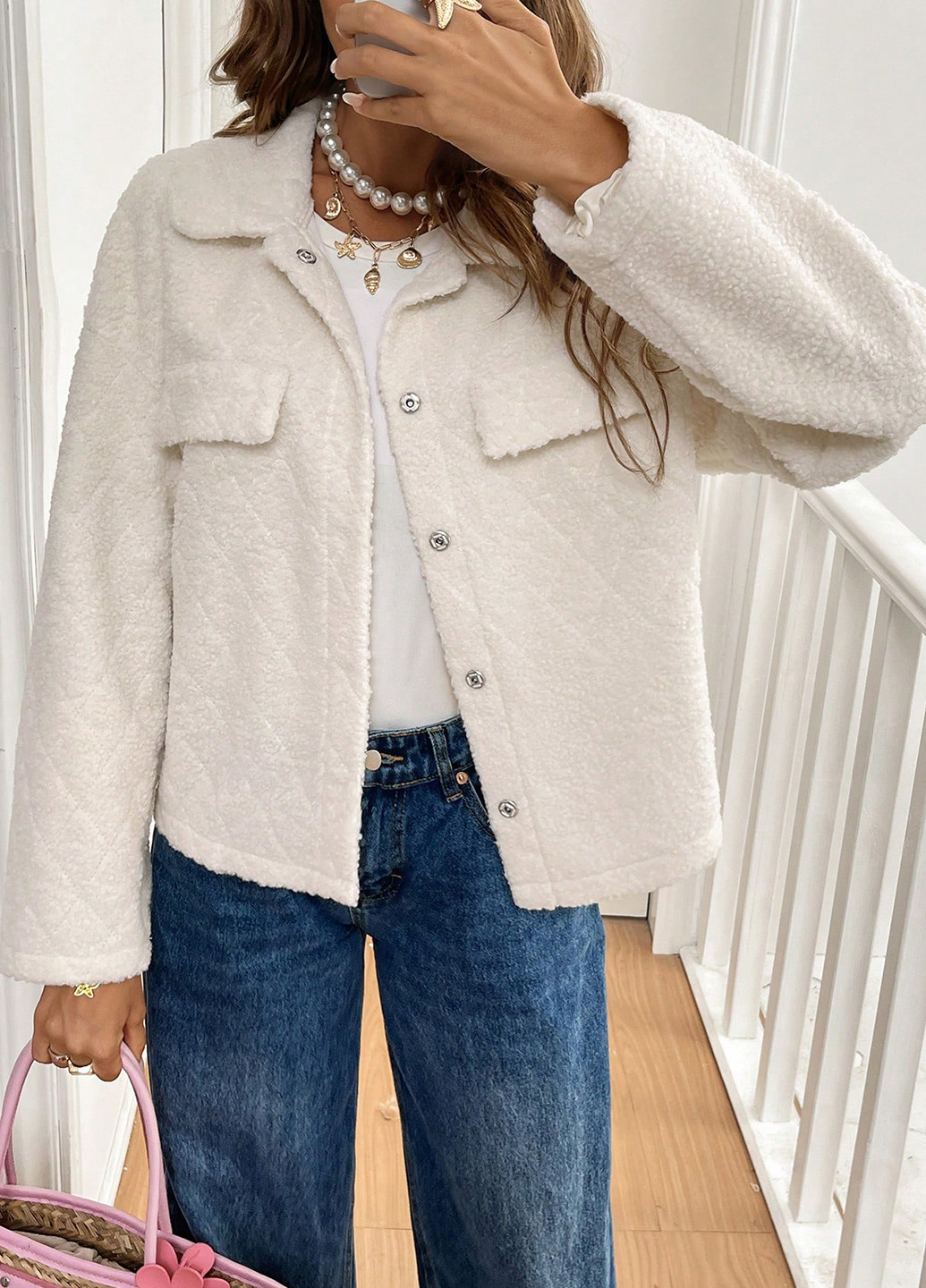 Молочная демисезонная куртка куртка-пиджак SHEIN