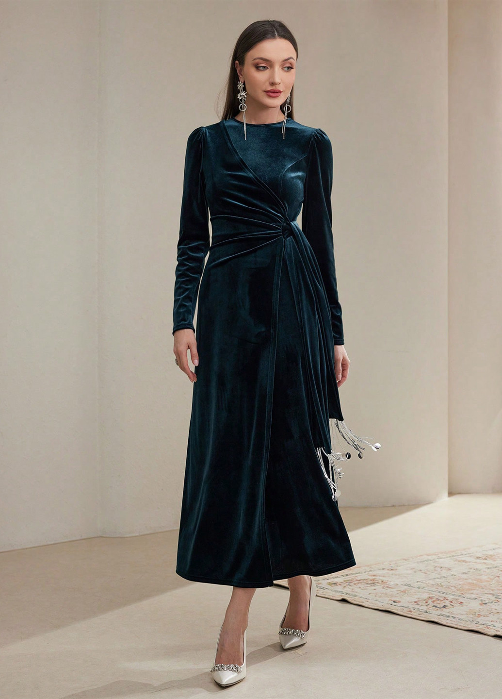 Темно-зелена вечірня сукня кльош, на запах SHEIN однотонна