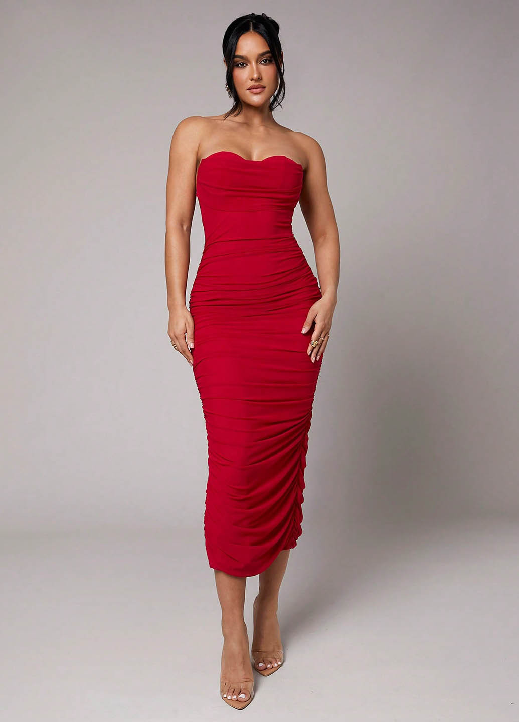 Красное вечернее платье бандо SHEIN однотонное