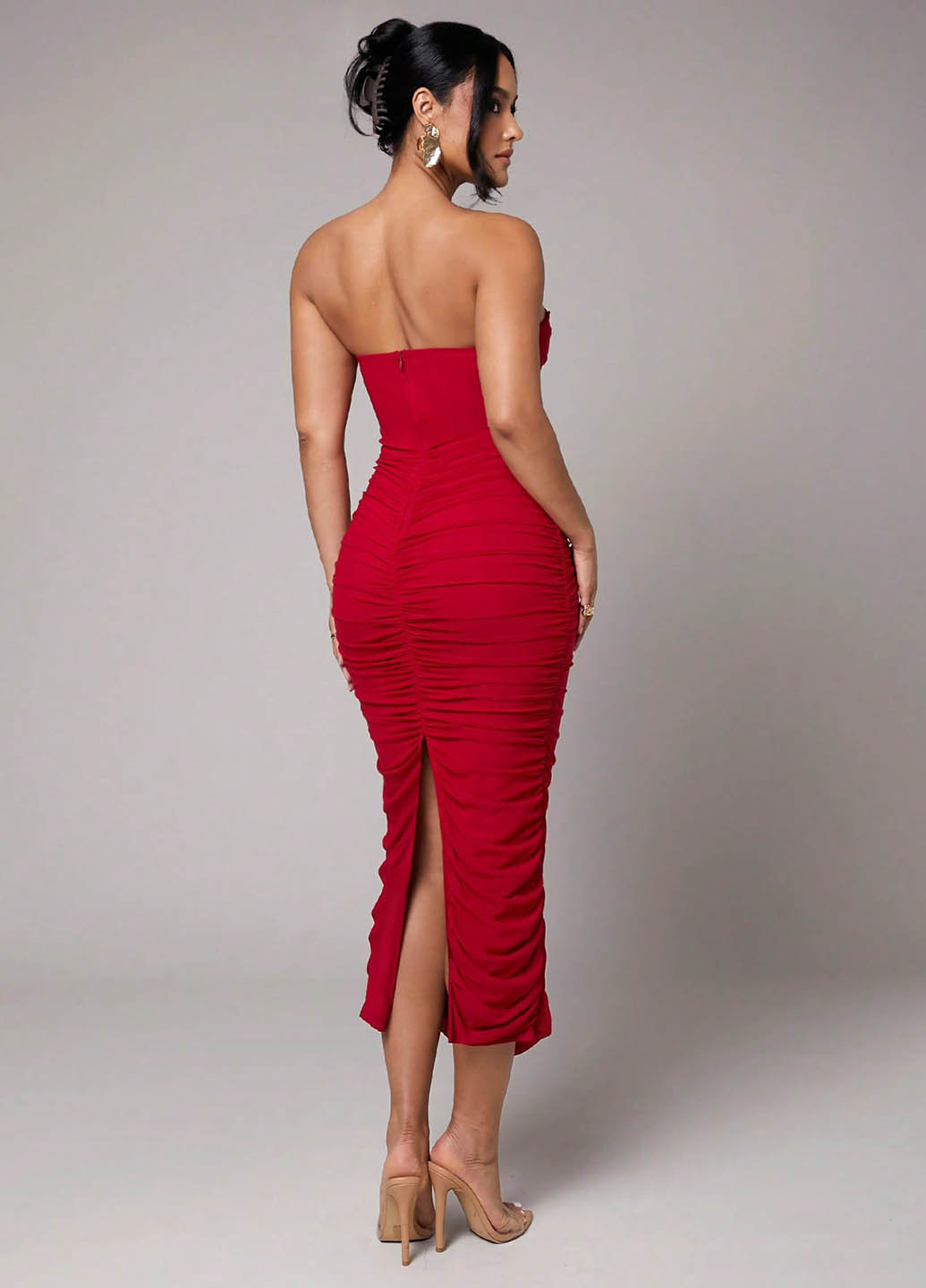 Красное вечернее платье бандо SHEIN однотонное