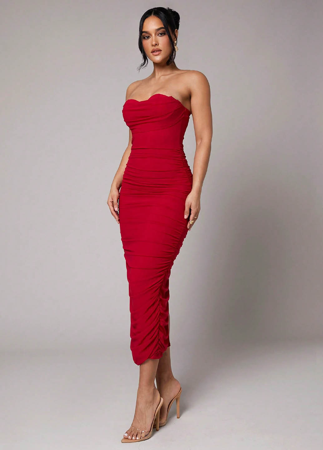 Красное вечернее платье бандо SHEIN однотонное