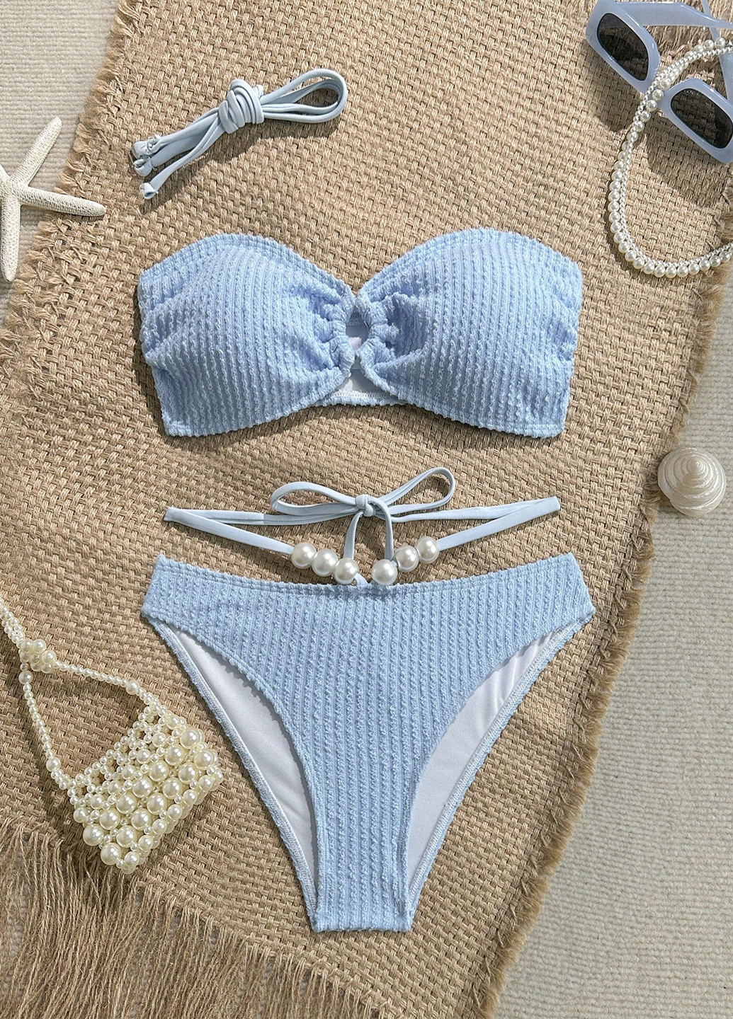 Светло-голубой летний купальник (лиф, трусики) бандо, раздельный SHEIN