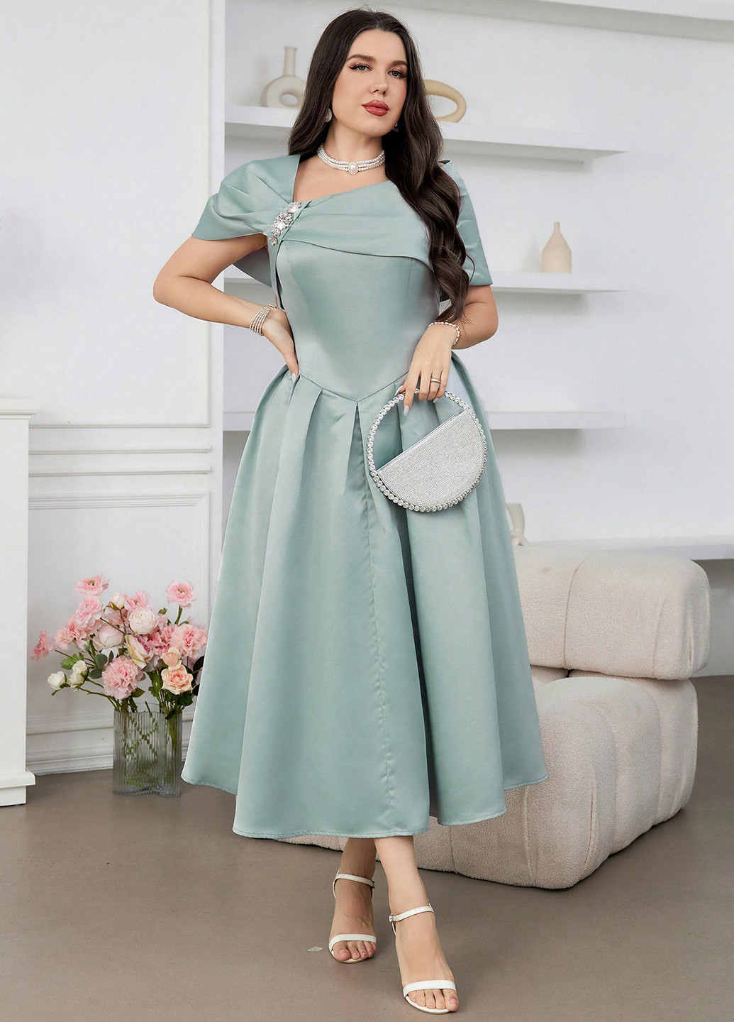Мятное праздничный платье клеш SHEIN однотонное
