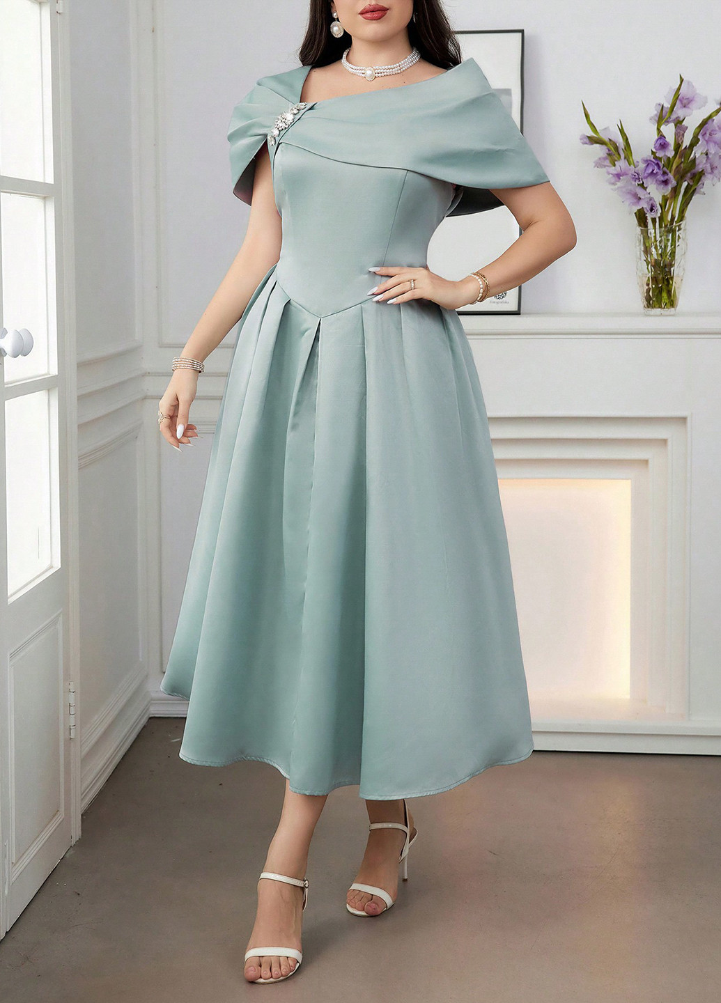 Мятное праздничный платье клеш SHEIN однотонное