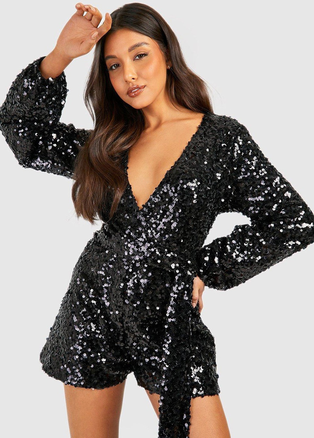 Комбинезон Boohoo комбинезон-шорты однотонный чёрный праздничный полиэстер