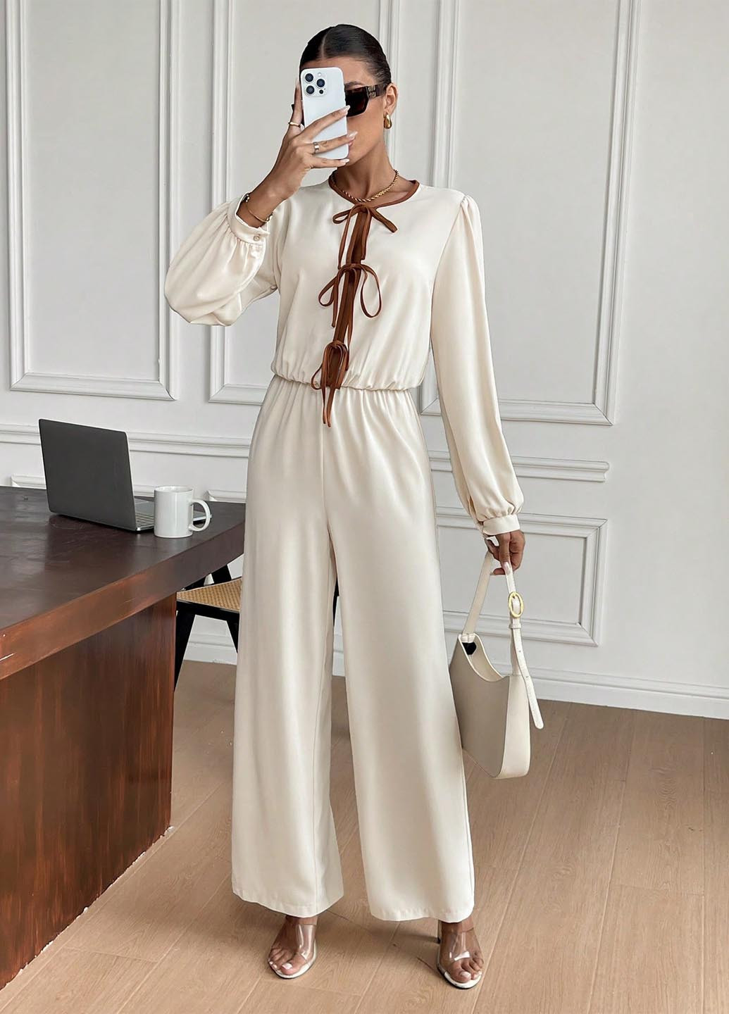 Комбінезон SHEIN комбінезон-брюки однотонний молочний святковий, вечірній, кежуал поліестер