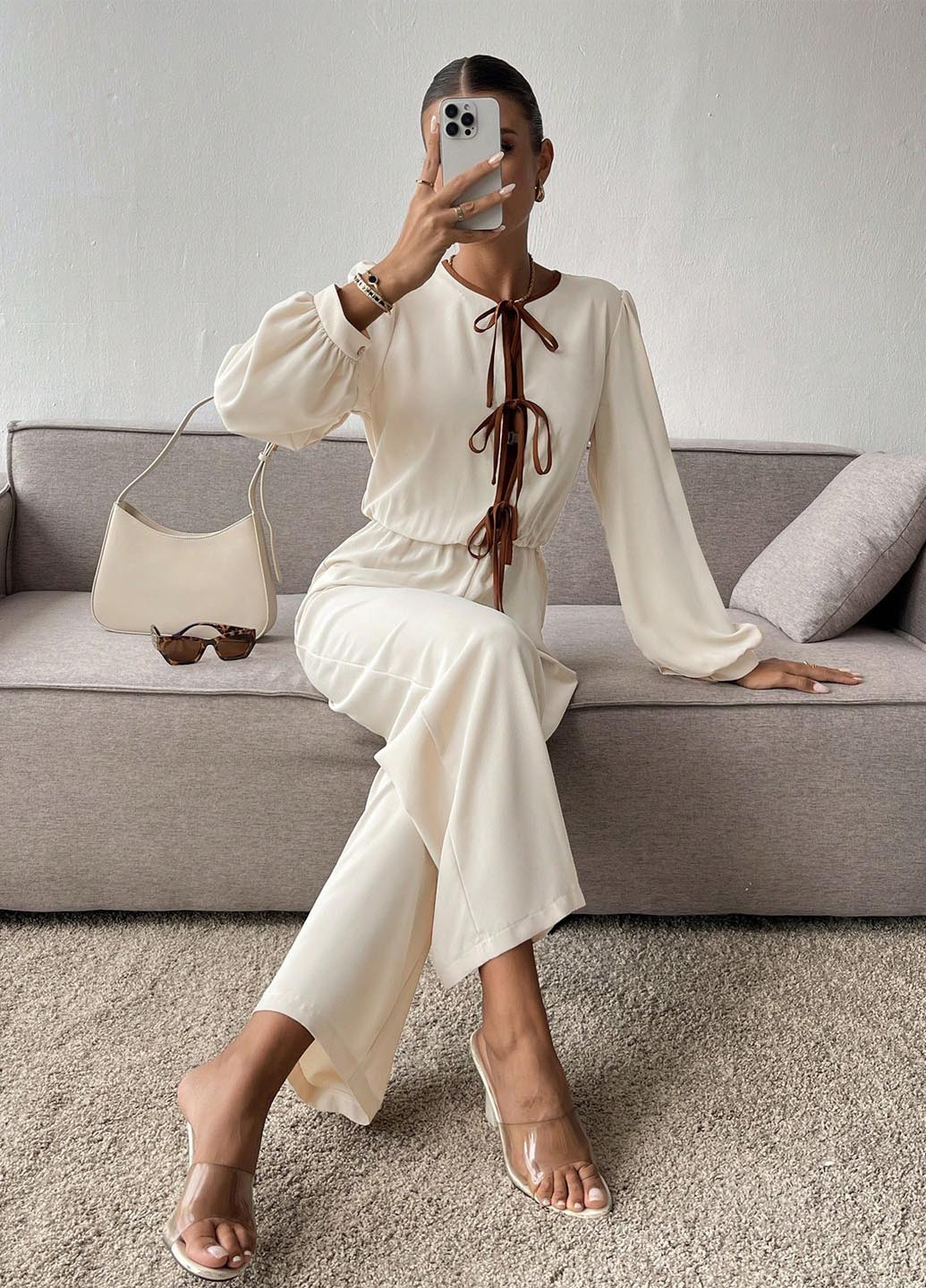 Комбінезон SHEIN комбінезон-брюки однотонний молочний святковий, вечірній, кежуал поліестер