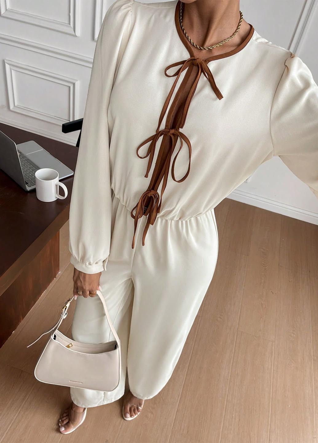 Комбінезон SHEIN комбінезон-брюки однотонний молочний святковий, вечірній, кежуал поліестер