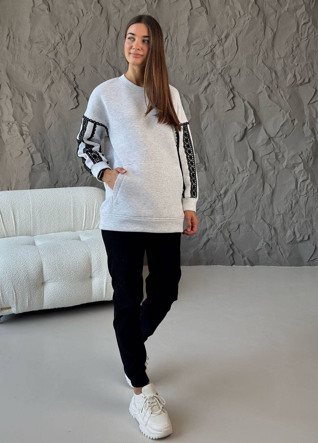 Світло-сірий світшот меланж мереживо (369717031)