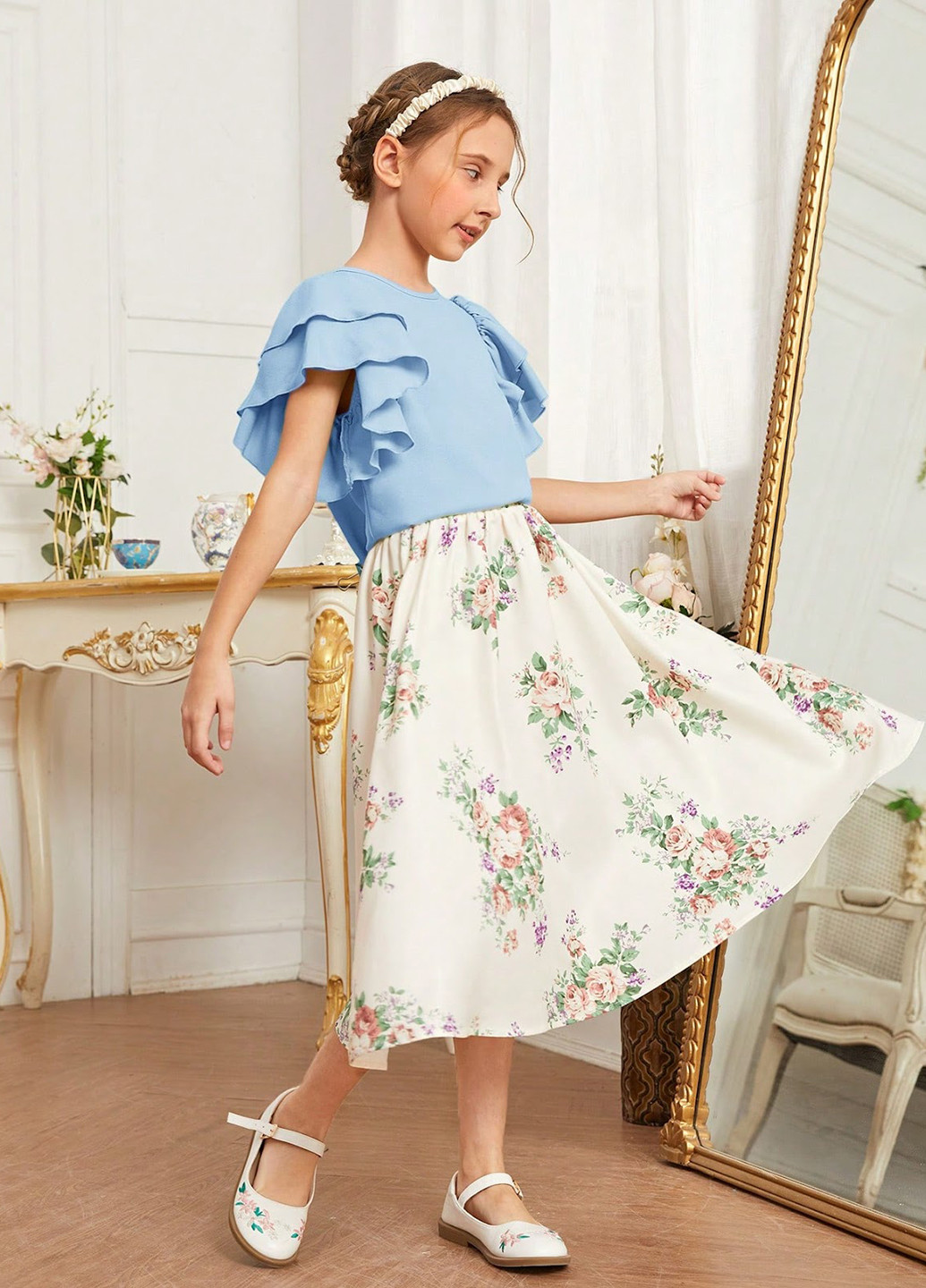 Голубой летний комплект (блуза, юбка) SHEIN