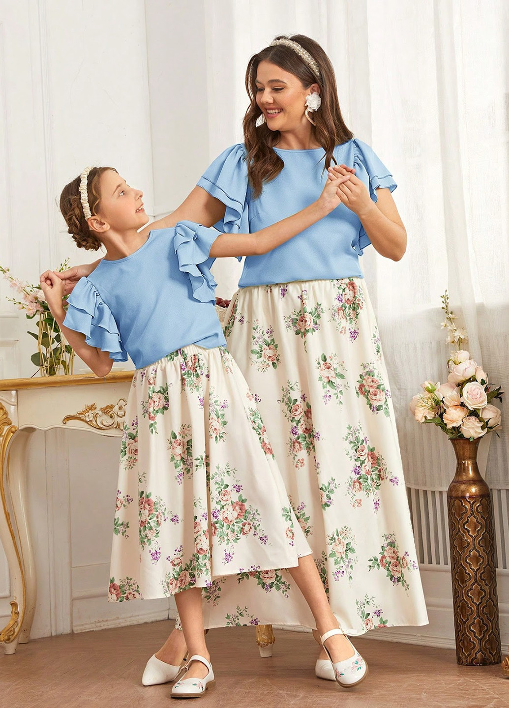 Голубой летний комплект (блуза, юбка) SHEIN