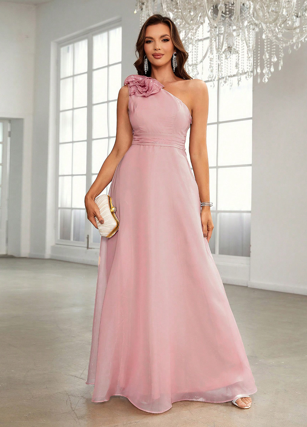 Светло-розовое праздничный, вечернее платье с пышной юбкой, а-силуэт, на одно плечо SHEIN однотонное