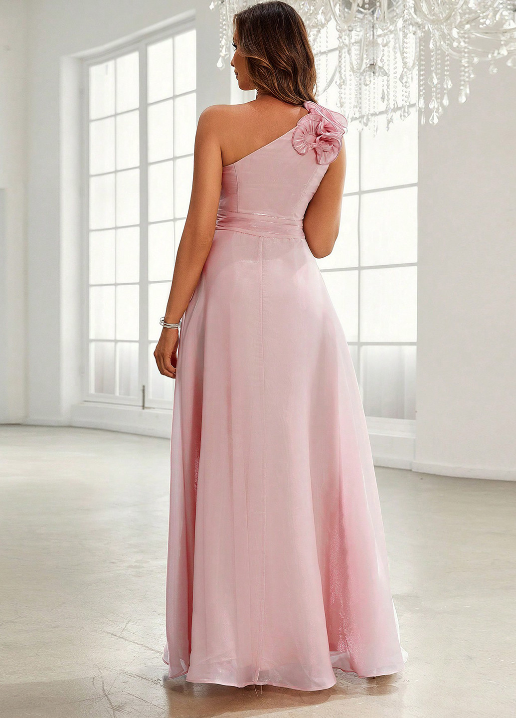 Светло-розовое праздничный, вечернее платье с пышной юбкой, а-силуэт, на одно плечо SHEIN однотонное