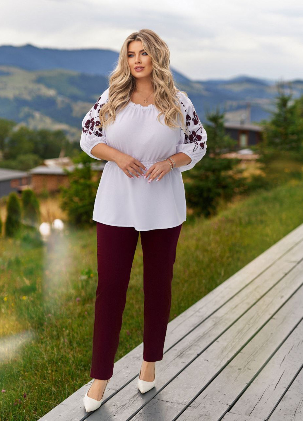 Бордовый демисезонный комплект (блуза, брюки) No Brand