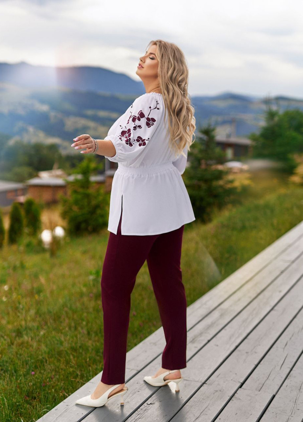 Бордовый демисезонный комплект (блуза, брюки) No Brand