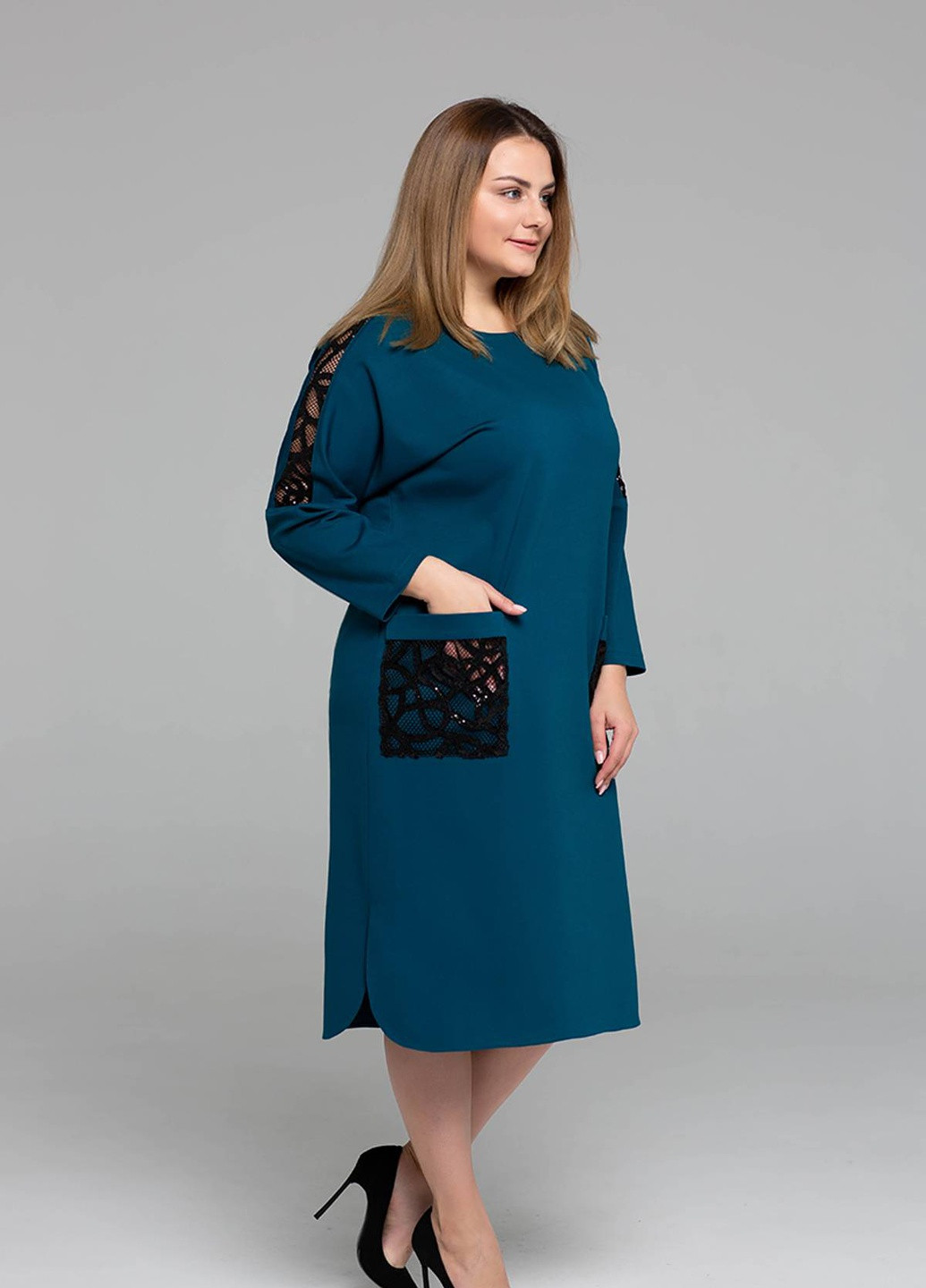 Синя кежуал сукня з накладними кишенями лем кольору морської хвилі Tatiana однотонна