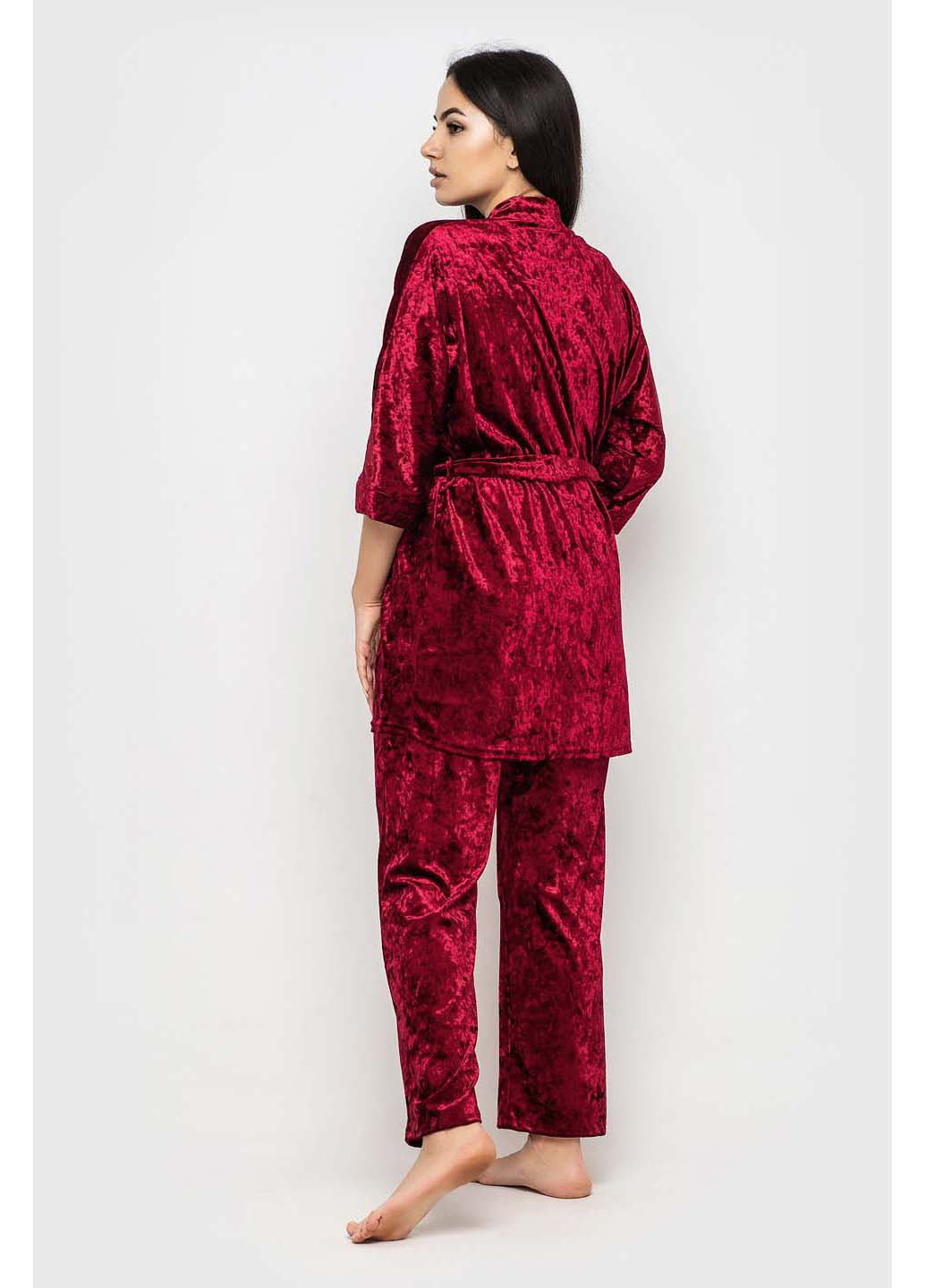 Бордовий демісезонний комплект халат + майка + брюки Ghazel