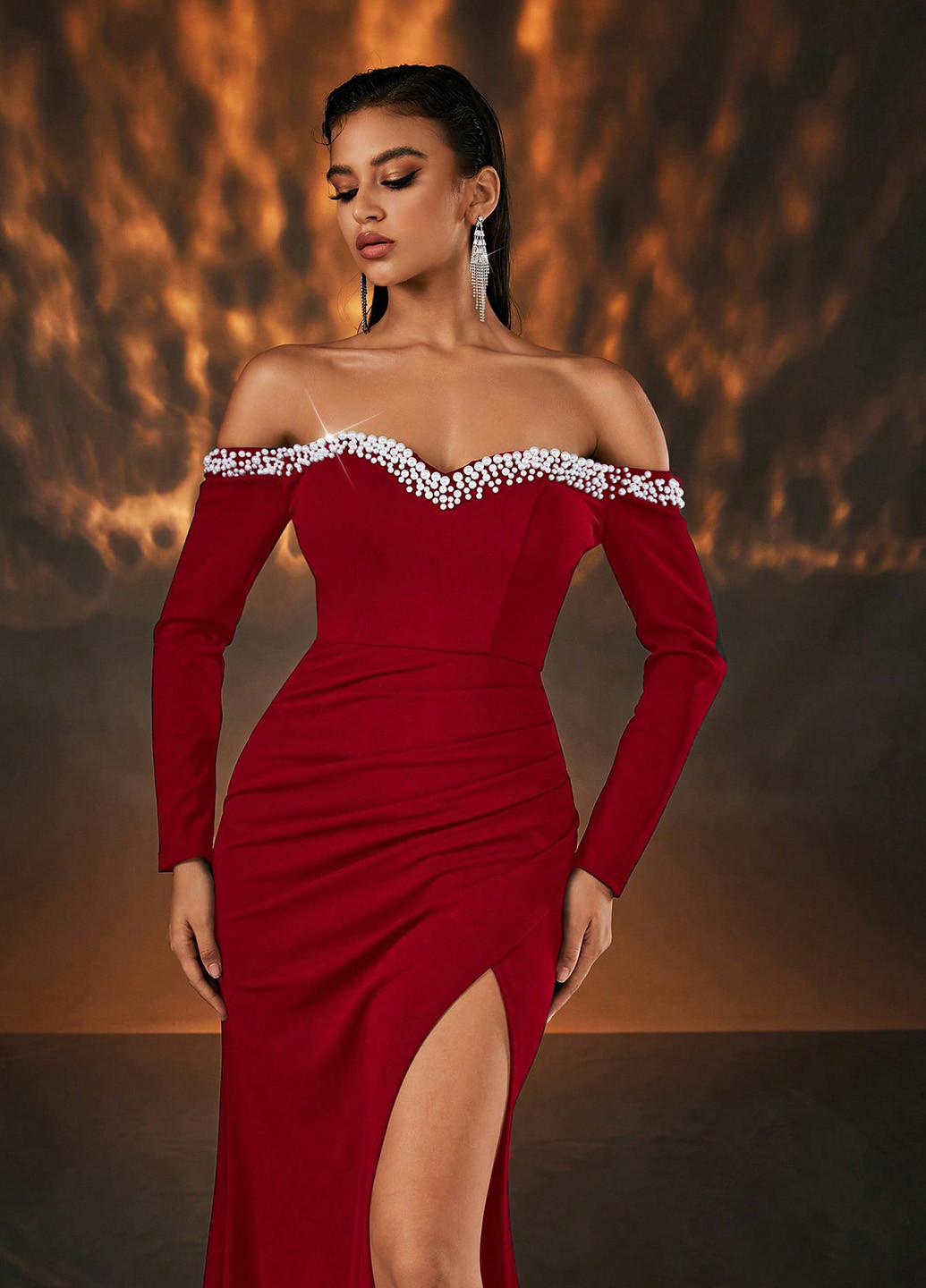 Червона вечірня сукня годе, з відкритими плечима SHEIN однотонна