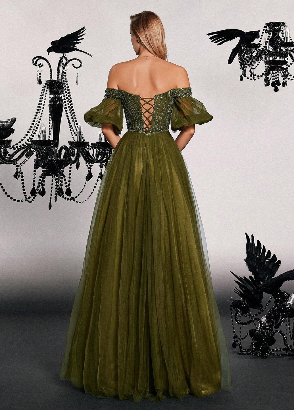 Оливкова (хакі) вечірня сукня з відкритими плечима SHEIN однотонна