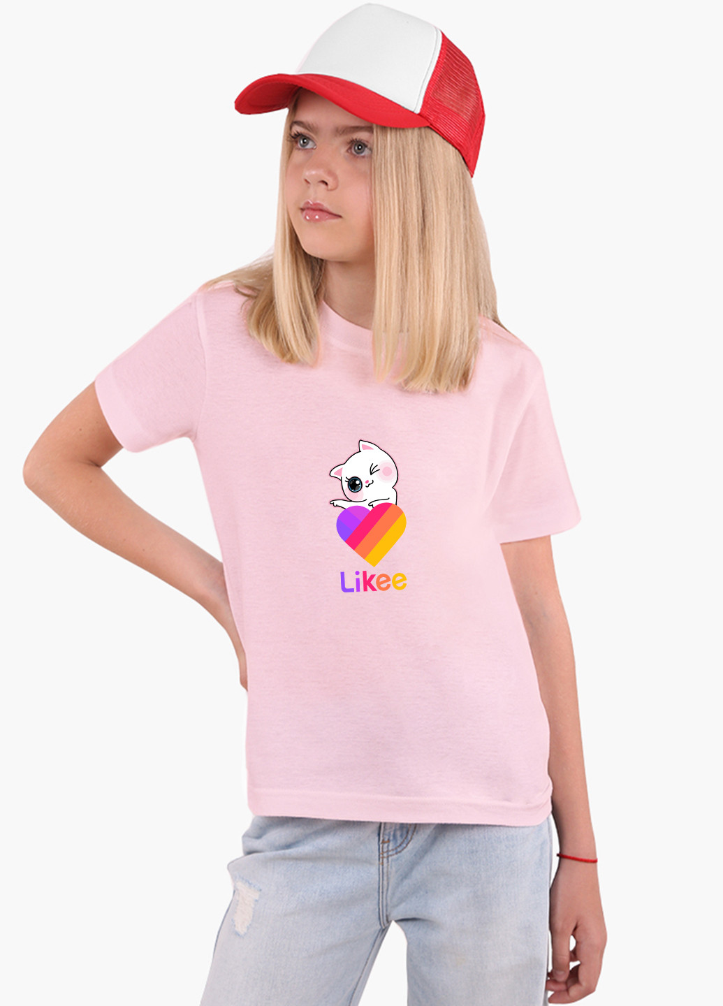 Рожева демісезонна футболка дитяча лайк котик (likee cat) (9224-1595) MobiPrint